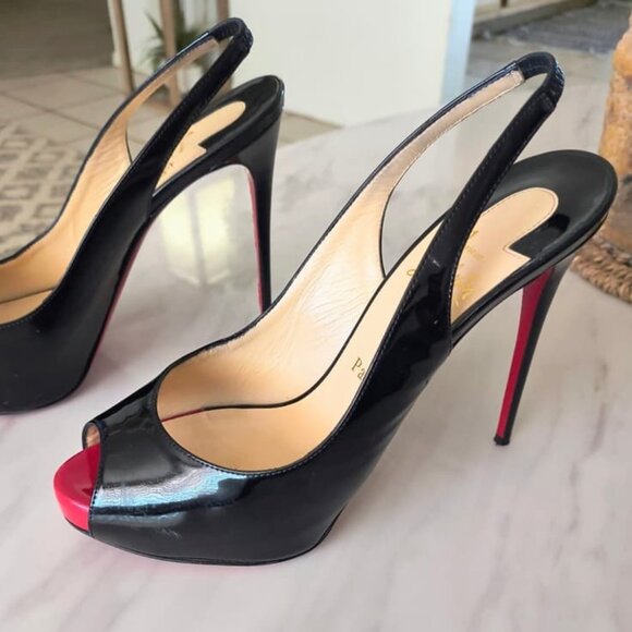 Christian Louboutin Blk Patent Leather Peep Toe Very Prive Slingback Heels - Picture 5 of 7